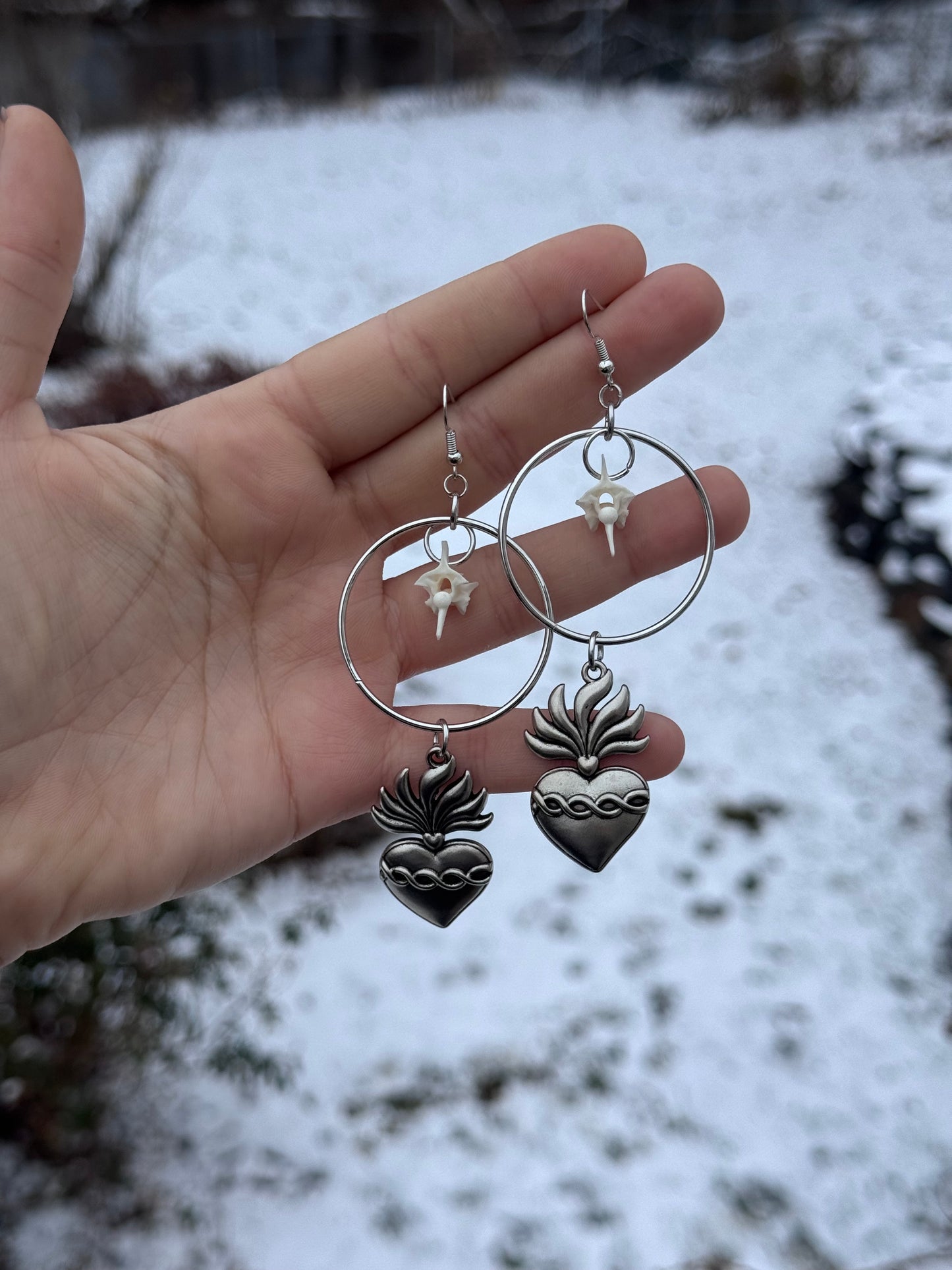 SIlver Sacred Heart Hoop Vertebrae Earrings