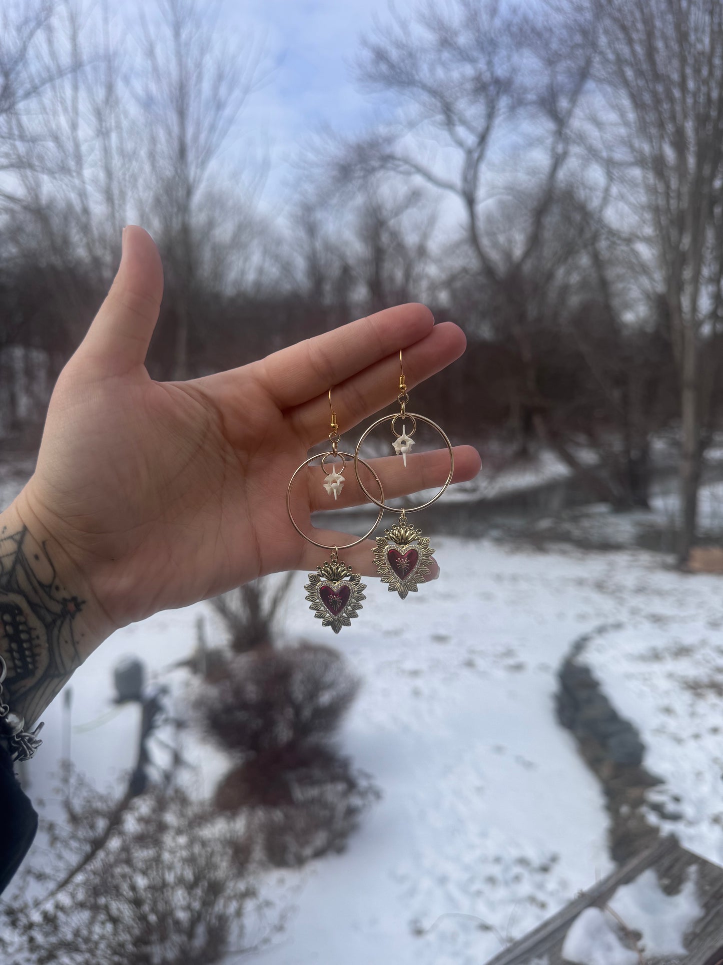 Red Gold Heart Vertebrae Earrings