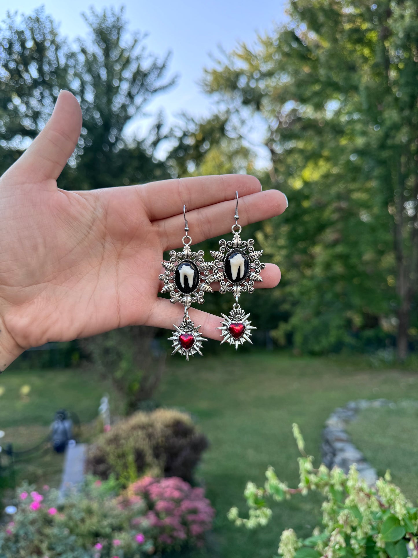 Red Heart Raccoon Tooth Earrings