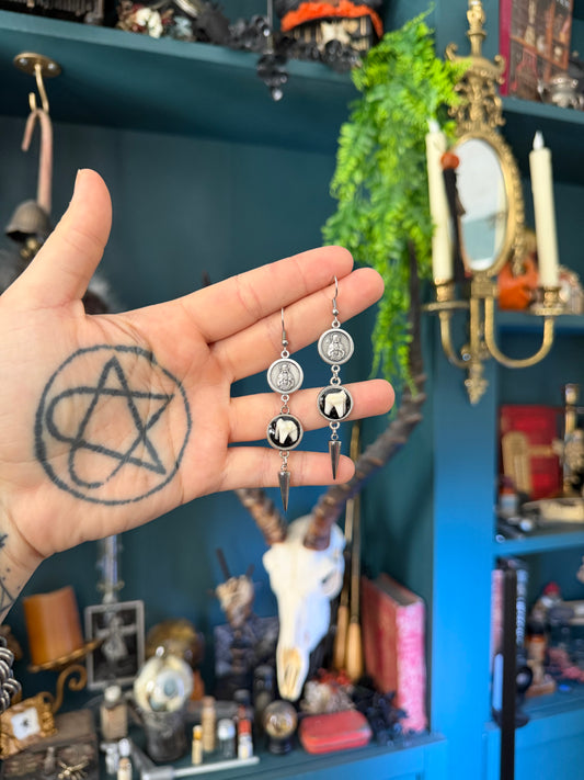 Silver Spike Rosary Tooth Earrings