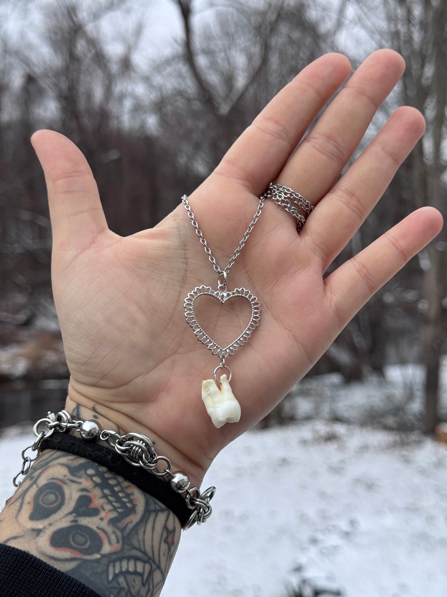 Silver Lace Heart Human Tooth Necklace