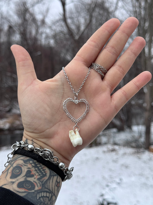Silver Lace Heart Human Tooth Necklace