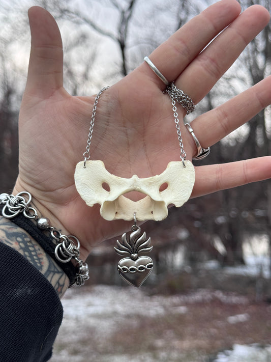 Silver Sacred Heart Coyote Vertebrae Necklace