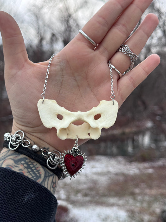 Silver Red Sacred Heart Coyote Vertebrae Necklace