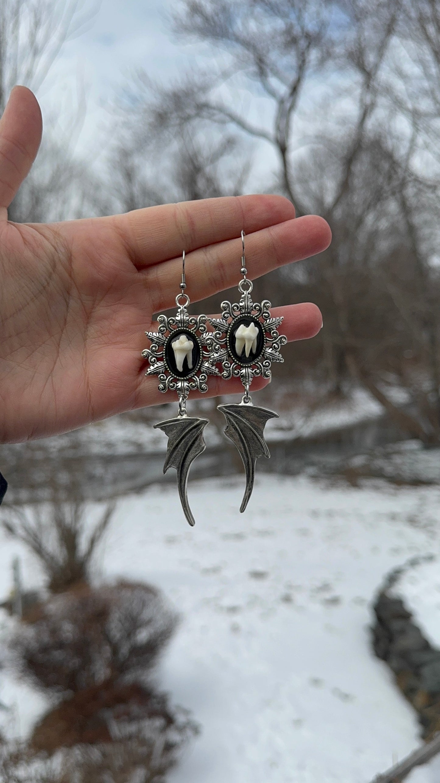 Silver Tooth Wing Earrings