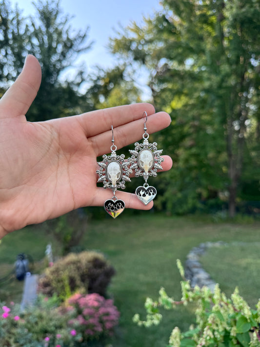 Mouse Skull Flame Heart Earrings