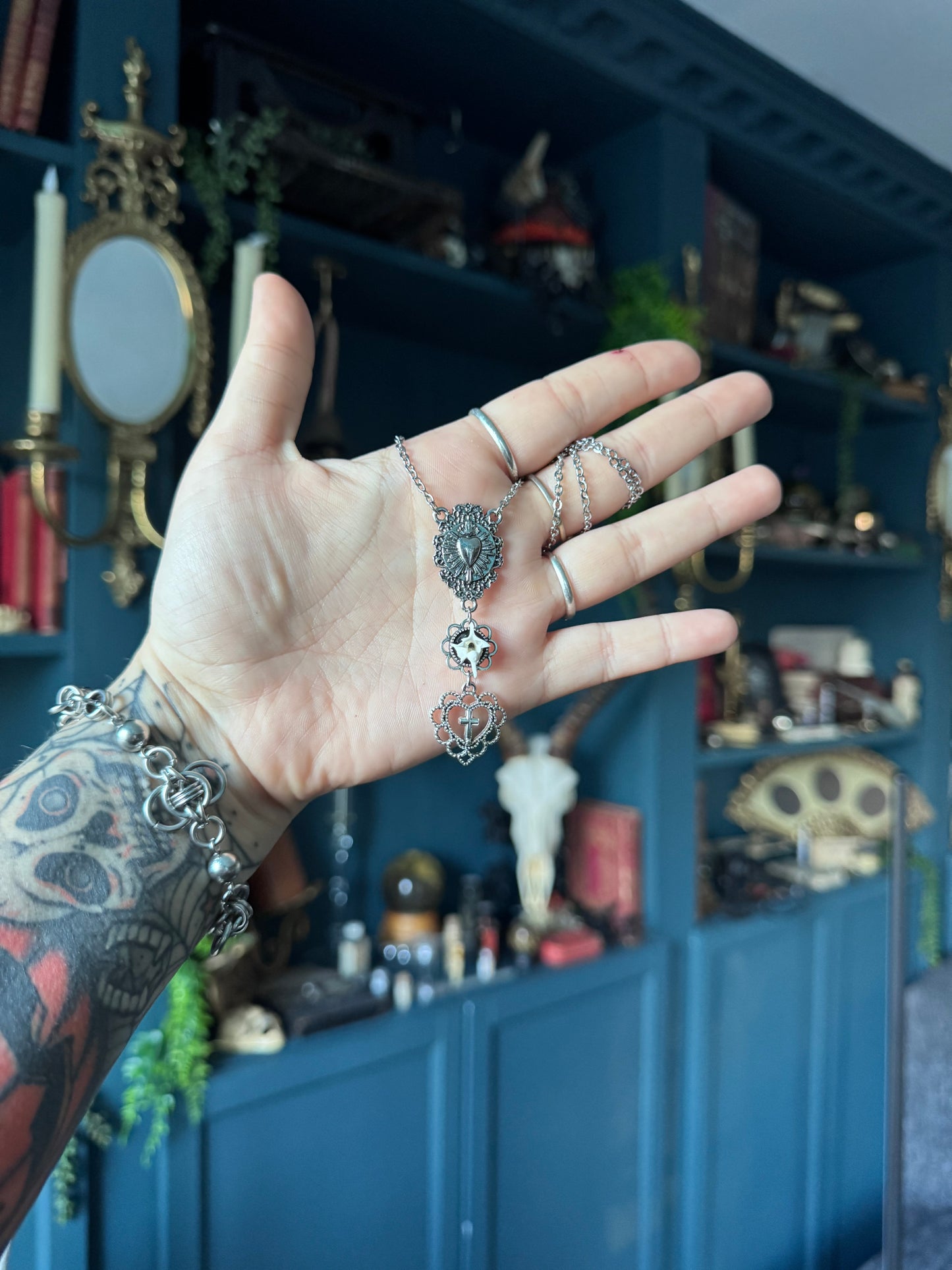 Silver Heart Vertebrae Rosary Necklace