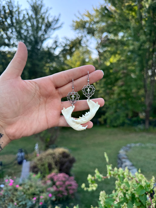 Mink Jaw Heart Cross Earrings