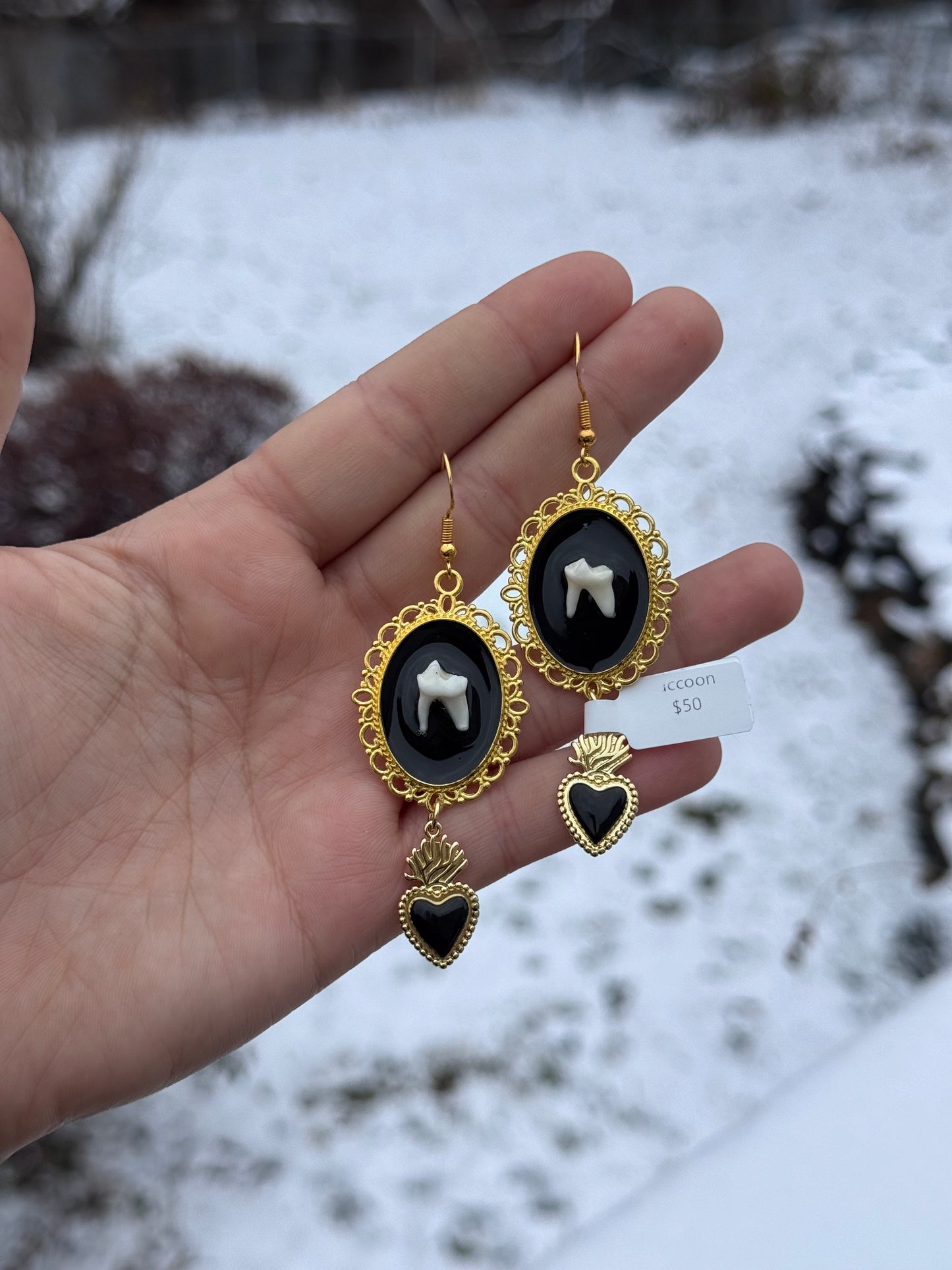 Black Heart Tooth Cameo Earrings