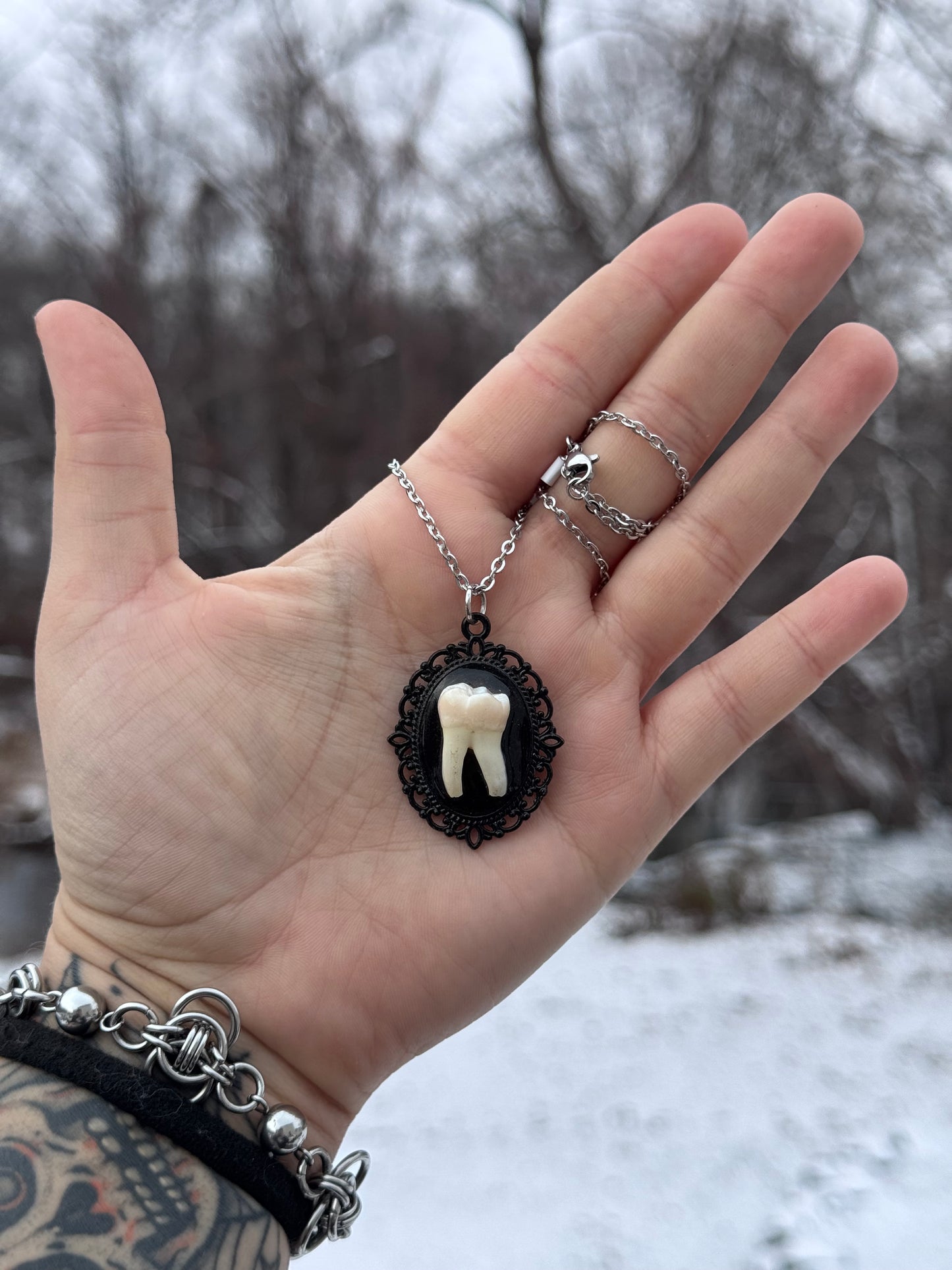 Black Cameo Human Tooth Necklace