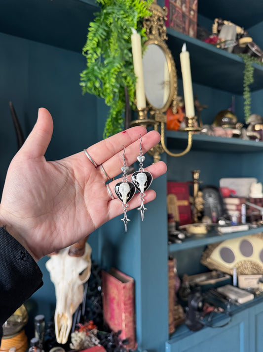 Silver Mouse Skull Heart Earrings