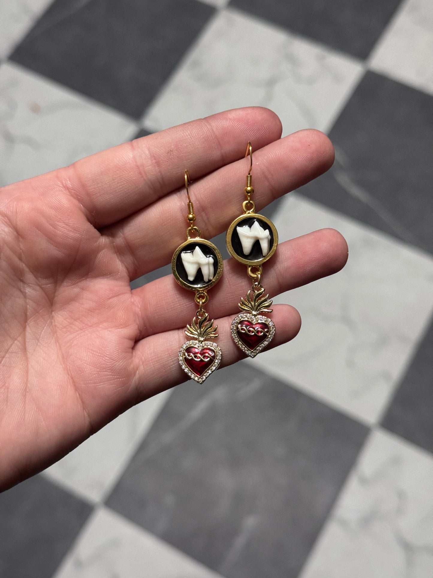 Red Gold Heart Raccoon Tooth Earrings