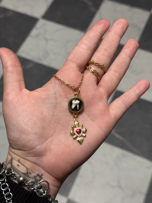 Gold Heart Gemstone Raccoon Tooth Necklace