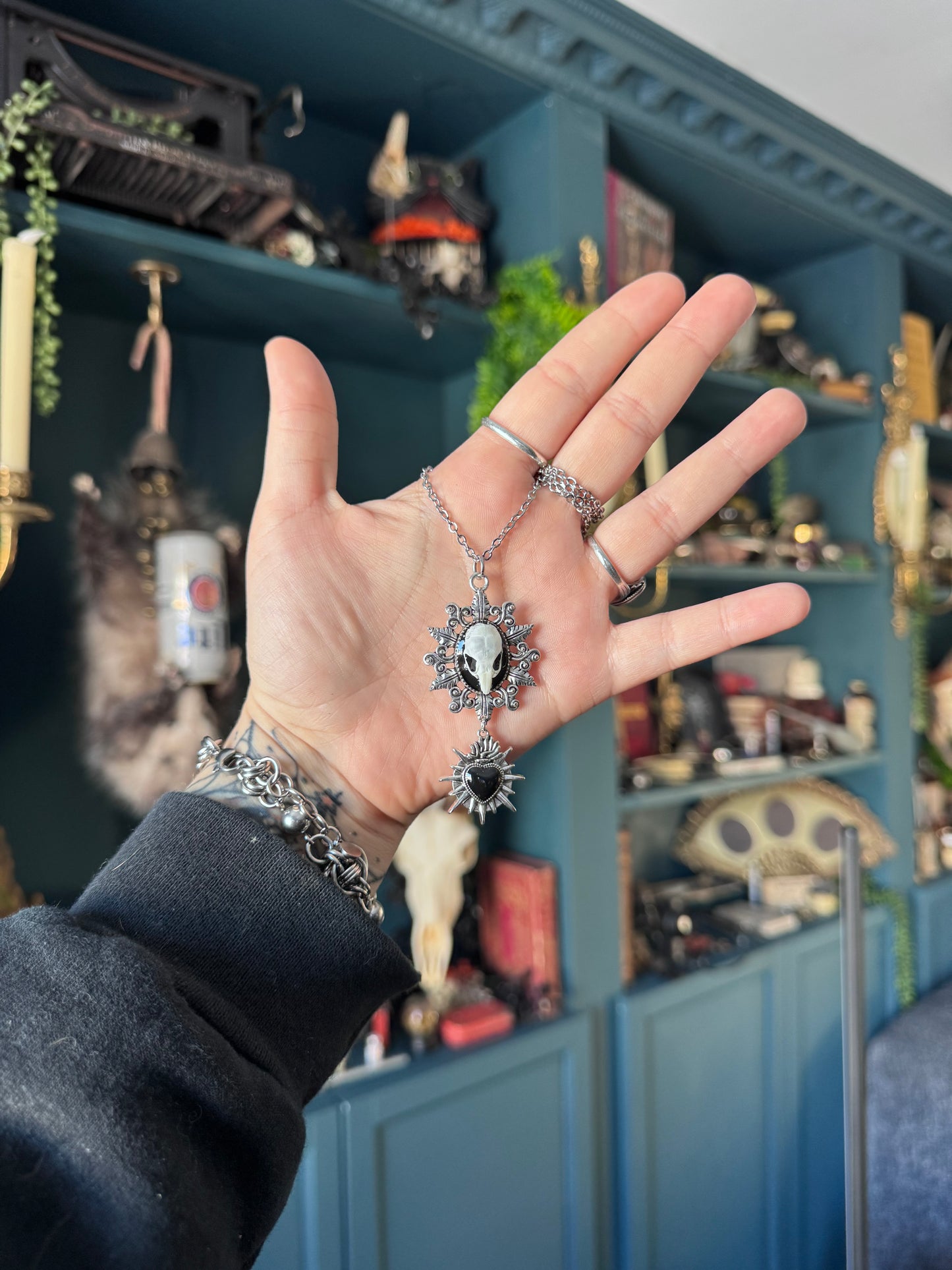 Silver Heart Mouse Skull Necklace