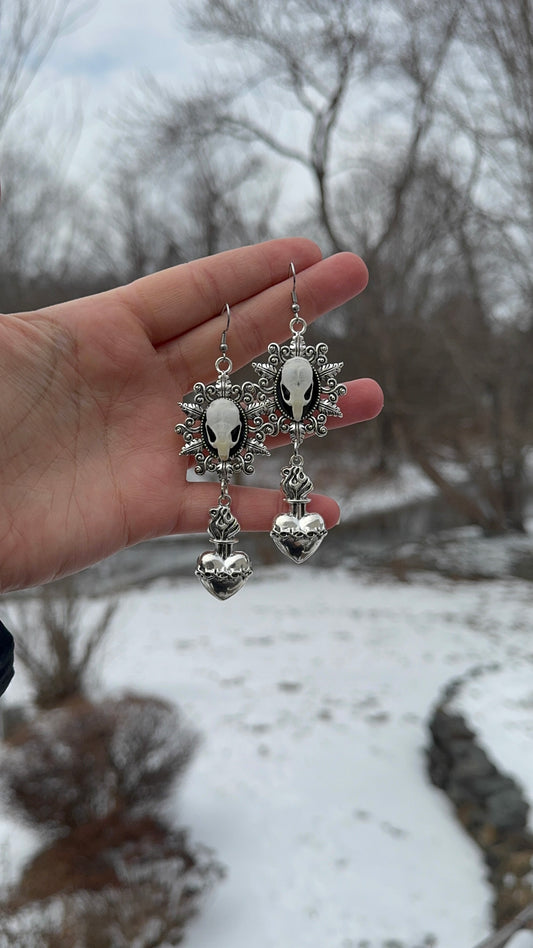 SIlver Sacred Heart Mouse Skull Earrings