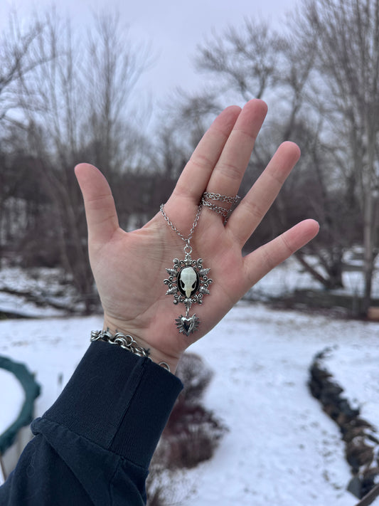 Silver Heart Mouse Skull Necklace