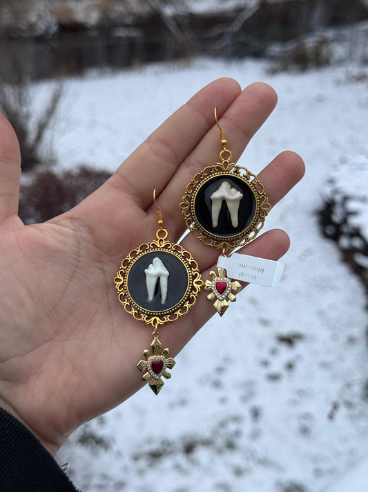 Red Heart Tooth Cameo Earrings